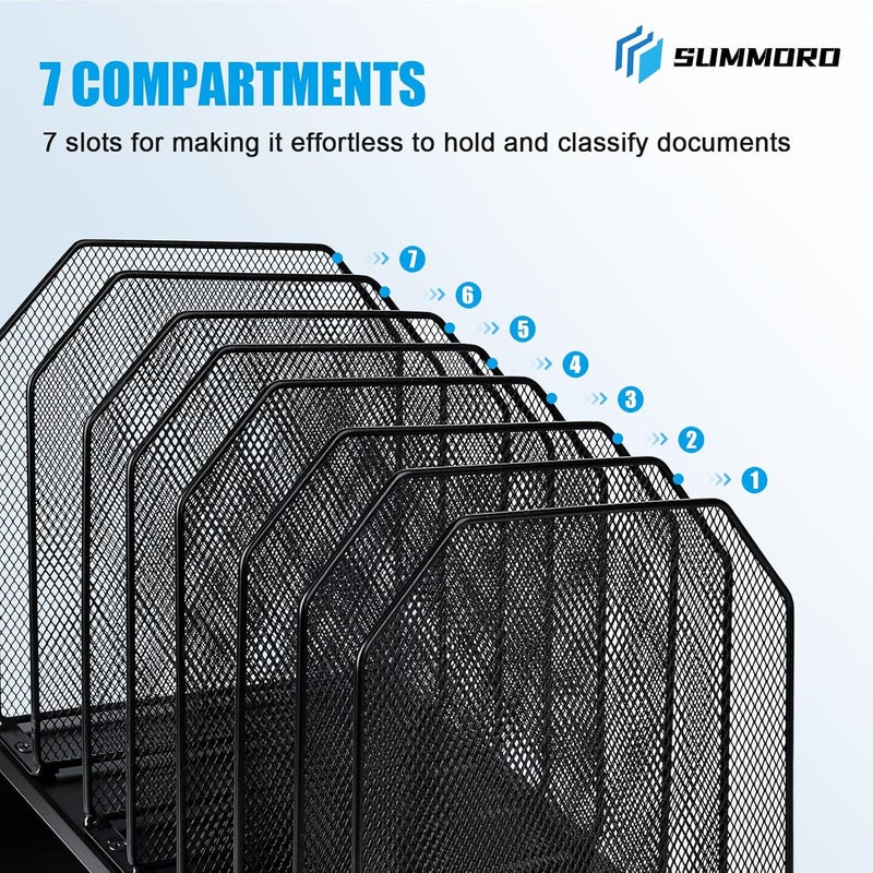 SUMMORE Inclined File Organizer for Desk, 7-Section Vertical File Folder Holder Office Desk Organizer Metal Rack File Wire Mesh Desktop Document Sorter for Office School Classroom Home (Black) - Image 5